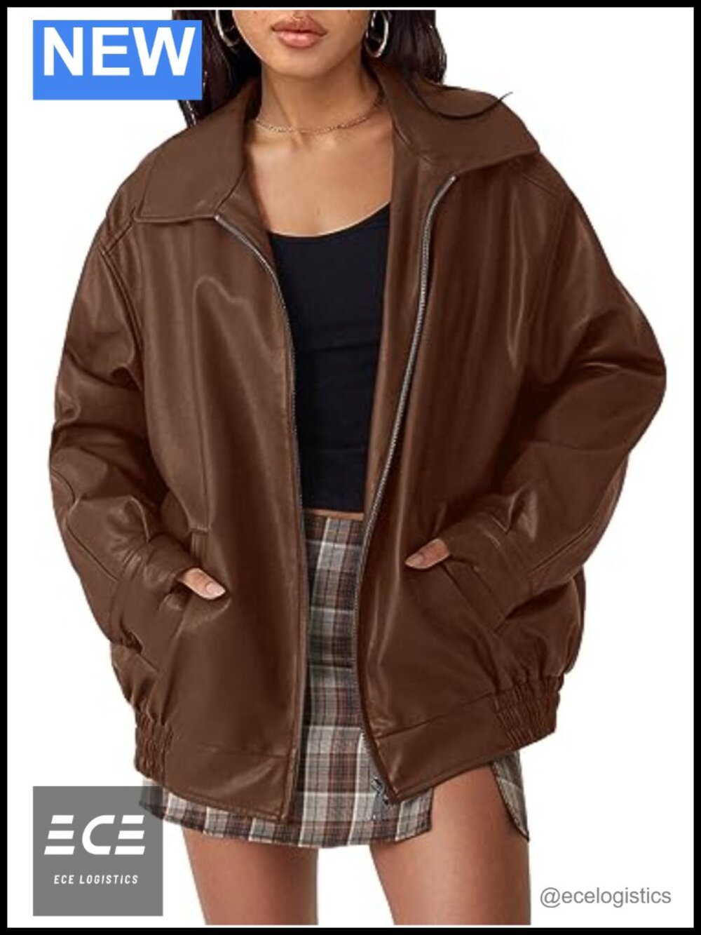 Oversized Faux Leather Jacket Vegan Leather Moto Zip Up Fall Winter